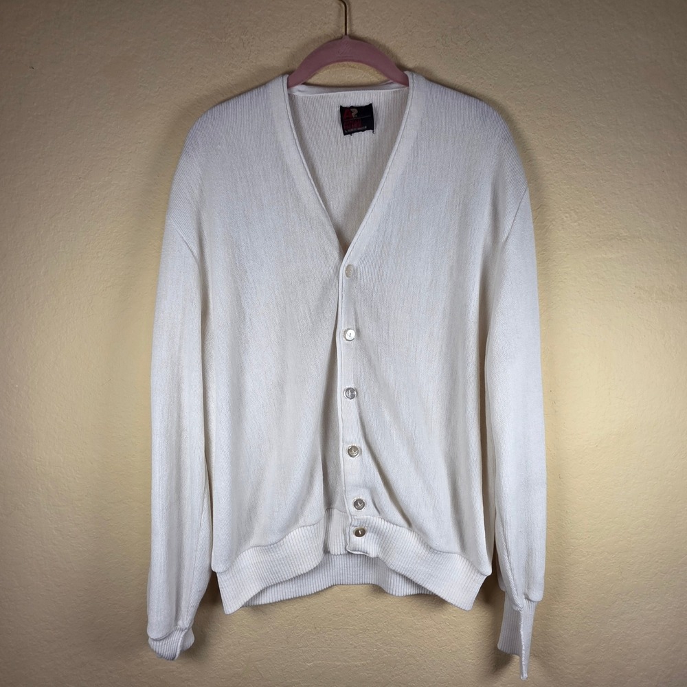 Arnold Palmer Cardigan Sweater, Umbrella Golf Buttons, White Knit, Robert‎ Bruce